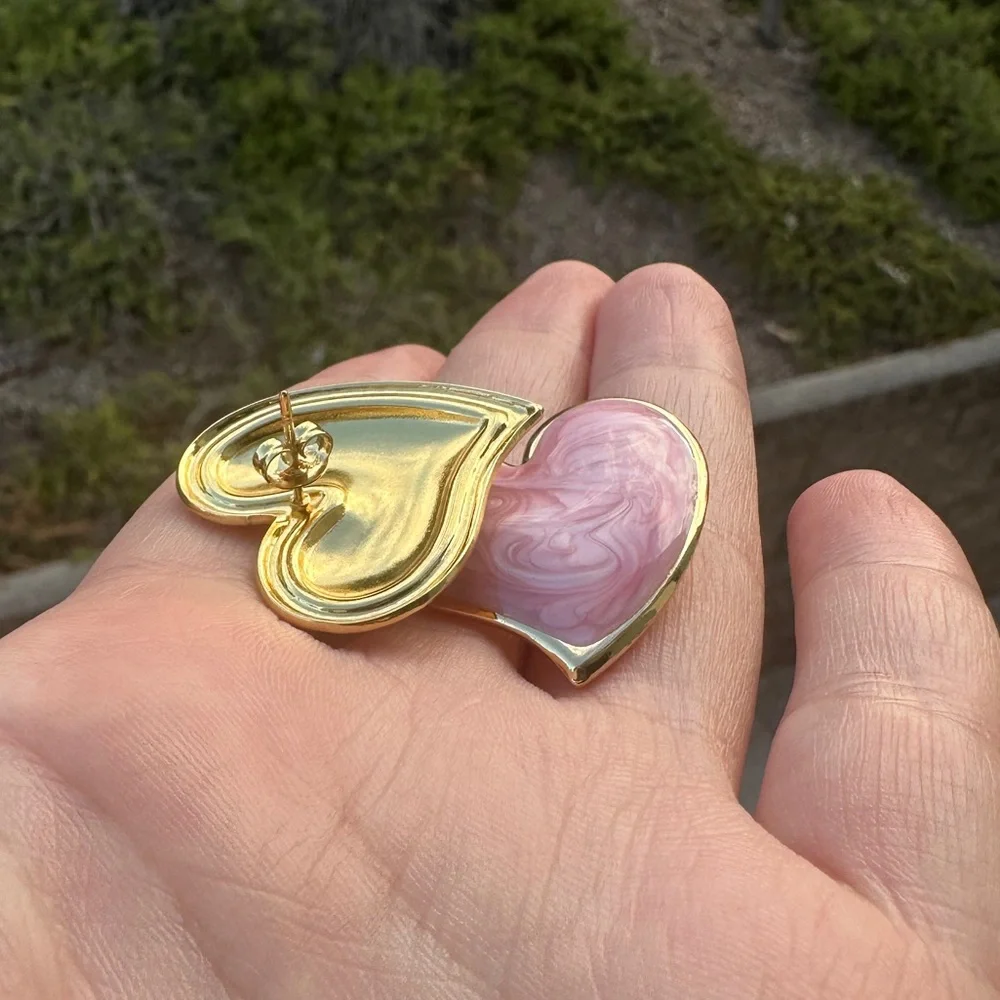 Pink Marbled Heart Statement Earrings – Gold Plated Stainless Steel Studs